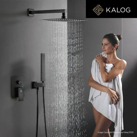 Woman enjoying Matte Black Rain Shower System With Jets Brass Bathroom Shower Faucet Set With 10 Inch Rain Shower Head