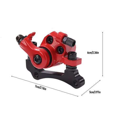 Red mechanical disc brake caliper for 10 inch electric scooters and bikes, aluminum alloy, with dimensions marked