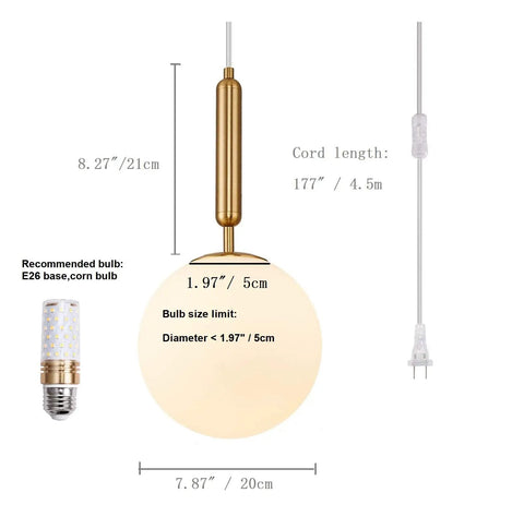 Plug In Globe Pendant Light With Frosted Glass Ball Shade, Easy To Install, 17 Foot Cord, Dimensions and Recommended Bulb