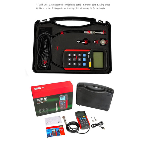 Smooth Operator Digital Vibration Meter With High Grade Probe And Reliable Data Storage For Tracking Acceleration Velocity And Displacement Readings Without Any Glitches in protective case with accessories.