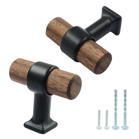 Walnut Cabinet Pulls 4 Pack T Bar Knob Handles With Screws 40mm Wood Drawer Pulls shown with screws for kitchen cabinets.
