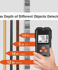 Ultimate Durable Digital Stud Finder And Wall Scanner With Bright Lcd Display showing max depths for wood, AC, copper, and ferrous objects.
