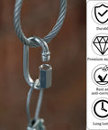 Close-up of 304 stainless steel quick link with hex lock for hanging on cable, highlighting durable, premium material, rust resistance.