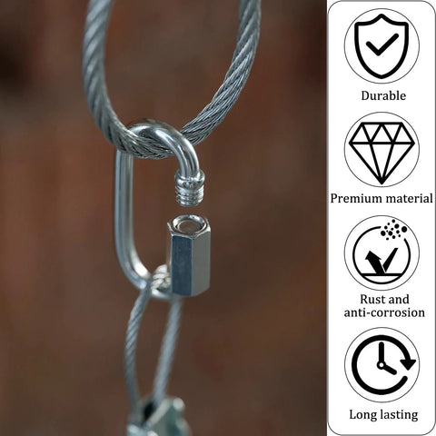 Close-up of 304 stainless steel quick link with hex lock for hanging on cable, highlighting durable, premium material, rust resistance.