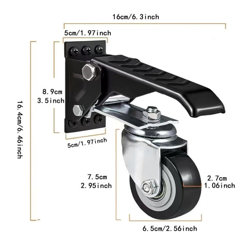 Smooth As Silk Retractable Workbench Casters 4 Pack Heavy Duty swivel wheel with foot step pedal mounted view, measures 16x6.3 inches.
