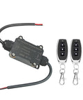 Front view of DC12V forward and reverse remote switch module with waterproof wireless control and two black keychain remotes.