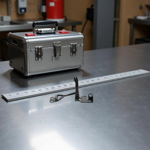Heavy Duty Stainless Steel Toggle Latch Clamps With Adjustable Quick Release Buckles For Toolbox And Trunk Lightweight Portable Clamp Hardware For Outdoor Projects And Workshop Use, shown with toolbox and ruler on table.