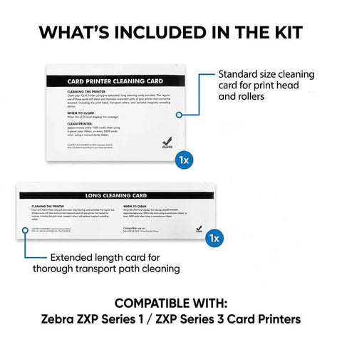 Premium T390 And T156 Cleaning Kit For Zebra ZXP 1 3 8 Card Printers includes standard and long cleaning cards for optimal maintenance.