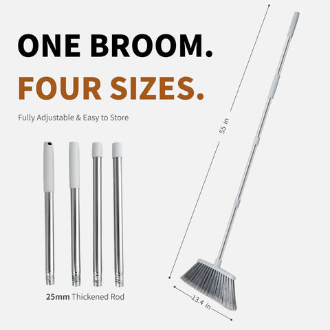 Adjustable 55 Inch Outdoor Broom For Pet Hair Removal And Heavy Duty Floor Cleaning Indoors And Outdoors shown in four sizes