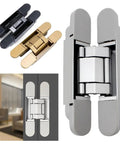 Gold Folding Cross Door Hinge Set Inconspicuous Stainless Steel Heavy Duty 180 Degree Concealed Three Dimensional Hinge For Hidden Doors And Panels For Builders image displaying various hinge finishes