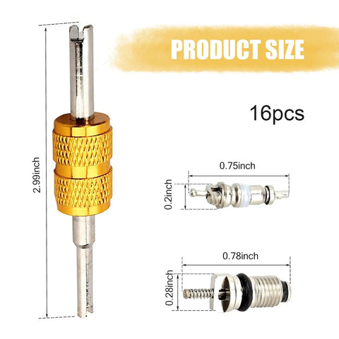 Air Conditioning Valve Core Kit 16 Pack R134A Universal AC Service Valves with wrench and dimensions detailed