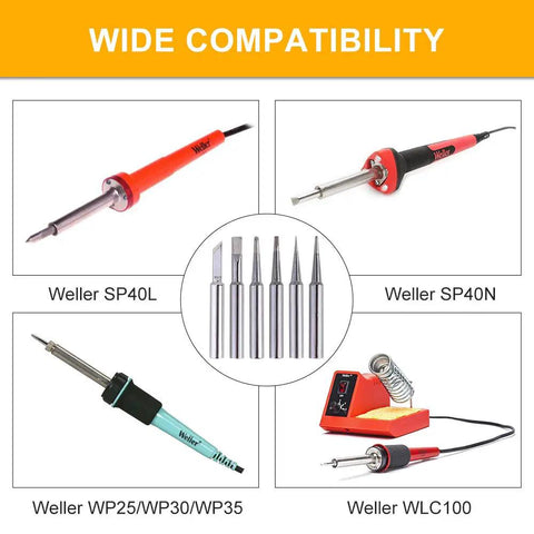 Six Piece Soldering Tips Set For ST Series Irons ST7 WLC100 SP40L SP40N WP25 WP30 WP35 Lead Free Copper Tips shown with irons
