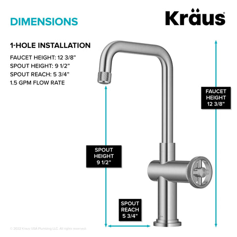 Diagram of Urbix Industrial Single-Handle Bar Kitchen Faucet in Brushed Gold with dimensions and 1.5 gpm flow rate.
