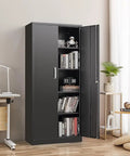 Beefy Black Metal Storage Cabinet With Adjustable Shelves And Doors in home office, 71 inch tall, used for book storage.