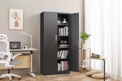 Beefy Black Metal Storage Cabinet With Adjustable Shelves And Doors in home office, 71 inch tall, used for book storage.