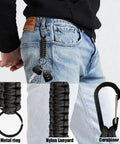 3 Pack Carabiners With Paracord Strap For Keys And Small Gear Black Metal Key Ring Keychain Hook D Locking Keyring Clip Rugged Heavy Duty Nylon Lanyard Built For Camping Hiking Cycling EDC Everyday Carry attached to jeans with keys.