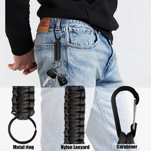 3 Pack Carabiners With Paracord Strap For Keys And Small Gear Black Metal Key Ring Keychain Hook D Locking Keyring Clip Rugged Heavy Duty Nylon Lanyard Built For Camping Hiking Cycling EDC Everyday Carry attached to jeans with keys.