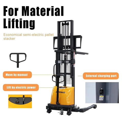 Built Like A Tank Semi Electric Pallet Stacker With 98 Inch Lift Height And 3300 Pound Capacity Featuring Secure Foot Brakes Smooth Hydraulic Leveler Control Adjustable Speed And Dependable 12 Volt Power For Daily Warehouse Grind