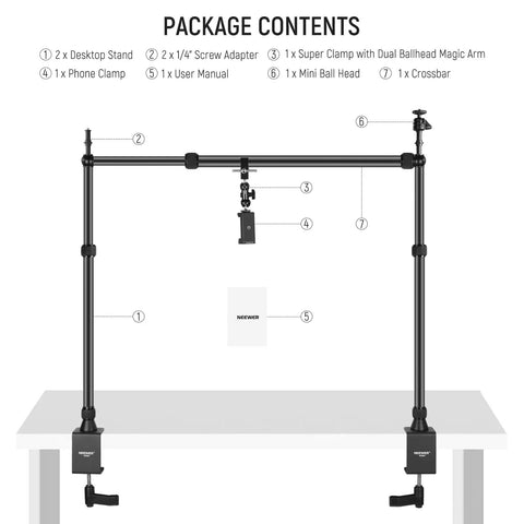 Overhead Camera Mount Rig With Dual Ball Heads And Heavy Duty Clamp Space Saving Desk Mount components