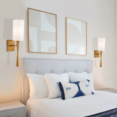 Antique Brass Wall Sconce Set Of 2 With Cream White Fabric Shade, Modern Brush Finish, Dimmable Go-To Lighting For Vanity, Stairway, Fireplace, Kitchen, Living Room And Bedside
