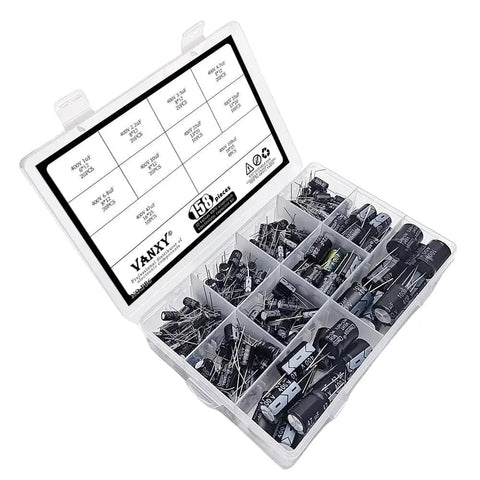 Electrolytic Capacitor Kit 158 Piece Set, 400V, 10 Values From 1uF To 100uF in organized aluminum case for prototyping