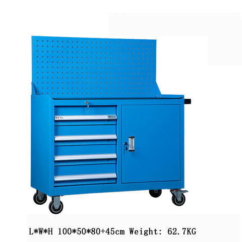 Heavy Duty Steel Rolling Tool Cabinet Featuring Auxiliary Workbench Top And Glide Out Drawers For Garage Setup that holds tools and gear.