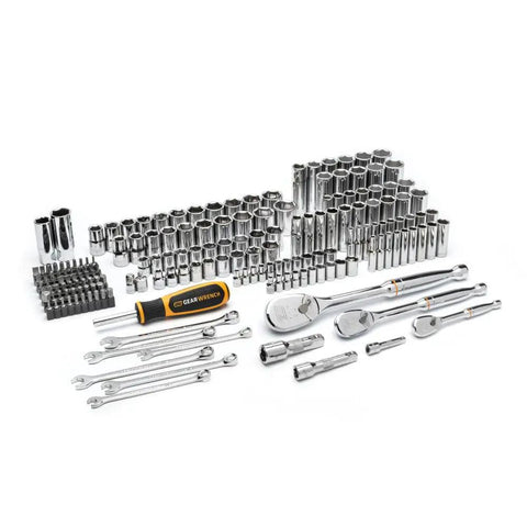 185 Piece Pro Grade Mechanics Hand Tool Set With 1/4 3/8 And 1/2 Inch Drive Ratchets 90 Tooth Teardrop Low Profile Head Flush On Off Switch SAE And Metric Sockets For Home And Shop displayed