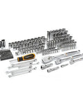 185 Piece Pro Grade Mechanics Hand Tool Set with 1/4 3/8 and 1/2 inch drive ratchets and assorted sockets on display