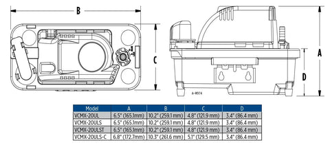 Diagram of Auto Condensate Removal Pump 115V 0.033 HP For HVAC AC Dehumidifiers And Boilers showing dimensions and component layout.