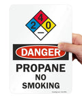 Heavy Duty Aluminum Danger Propane No Smoking Warning Sign NFPA 7 X 10 Inch Plate held with one hand, showing safety graphics.