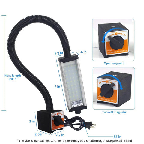 Magnetic LED Work Light With 44 LEDs, Beefy Gooseneck Lamp, Waterproof IP66, 800 Lumen, 19 Inch Flexible Arm, 120 Volt Power For Lathe Machines And Tool Workstations