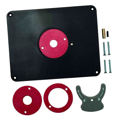 Rock Solid Metal Router Table Insert Plate Featuring Quick Adjust Centering Rings For Seamless Milling And Top Tier Woodworking Crafts Heavy Duty Workshop Essential That Just Works, view showing plate with centering rings and mounting hardware.