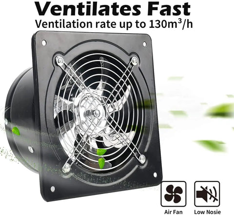 6 Inch Exhaust Fan 40W Through Wall Ventilation Fan 110V Black showcased with ventilation rate and airflow icons
