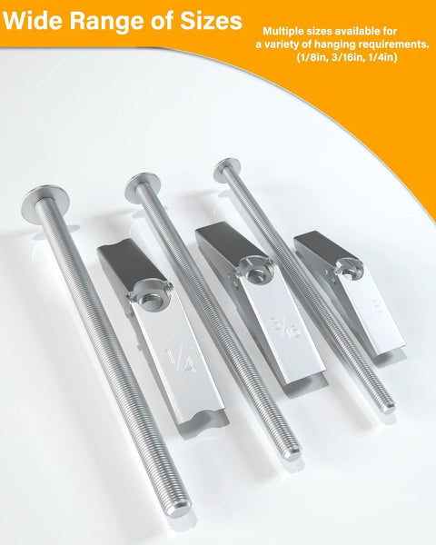 Close-up of Heavy Duty Three Sixteenth Inch Drywall Anchors And Toggle Bolts Kit, metal anchors in multiple sizes