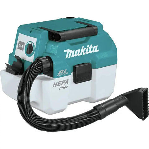 XCV11Z 18V LXT Brushless Cordless 2-Gallon HEPA Wet Dry Dust Extractor Vacuum For Portable Shop Use, shown with hose attachment