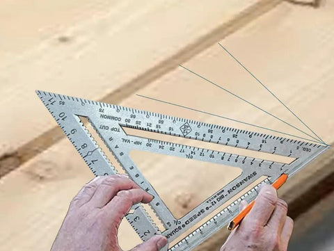 Person using Value Pack 7 Inch Speed Square And Big 12 Speed Square For Framing And Carpentry With Multiple Gradations on wood