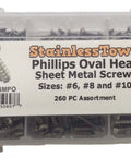 260 Piece Stainless Steel Phillips Oval Head Sheet Metal Screw Set With Size 6 8 10 in labeled box
