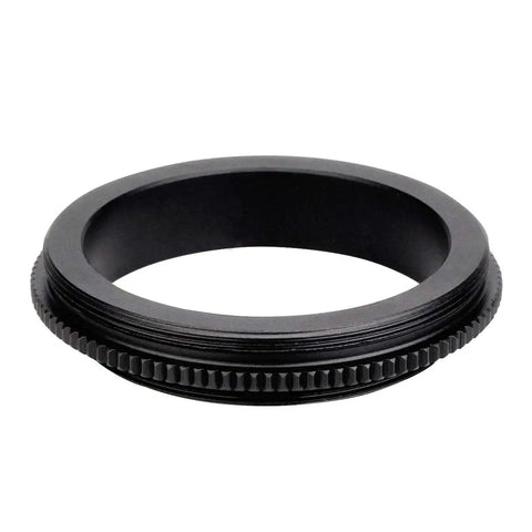 M48 To M42 Telescope Adapter With Knurled Aluminum Body Anodized Black Finish All Metal Construction No Fuss Mounting Converts M48 Female To T2 Male With Ultra Short Length For A Compact Durable Astro Setup, showing side profile view.