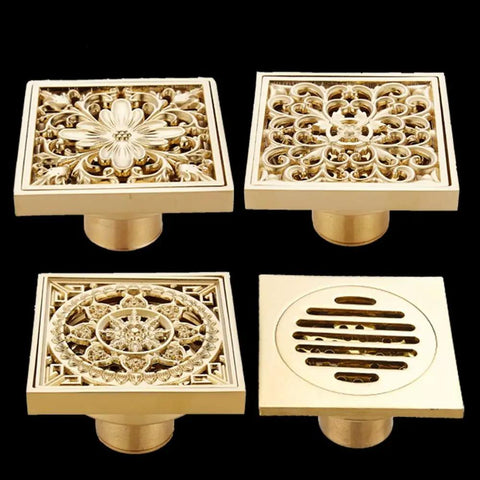 Premium Square Floor Drain Cover For Bathroom And Shower Renovations Featuring Gold Plated Anti Odor Copper Core, decorative designs.