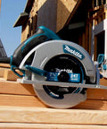 Beast Of A Lightweight Magnesium 7-1/4 Inch Circular Saw With 15 Amp Motor, 5,800 RPM, Built In LED Lights on a construction site.