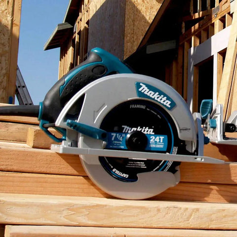 Beast Of A Lightweight Magnesium 7-1/4 Inch Circular Saw With 15 Amp Motor, 5,800 RPM, Built In LED Lights on a construction site.