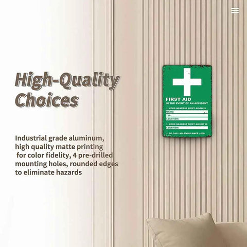 Durable Aluminum First Aid Location Sign 12 By 8 Inches With Ultra Readable Crisp Printing mounted on wall in hallway