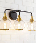 Black And Gold 3 Light Vanity Light Fixture Over Mirror With Clear Glass Shade For Bathroom, 22.4 Inch Wall Sconce Lighting