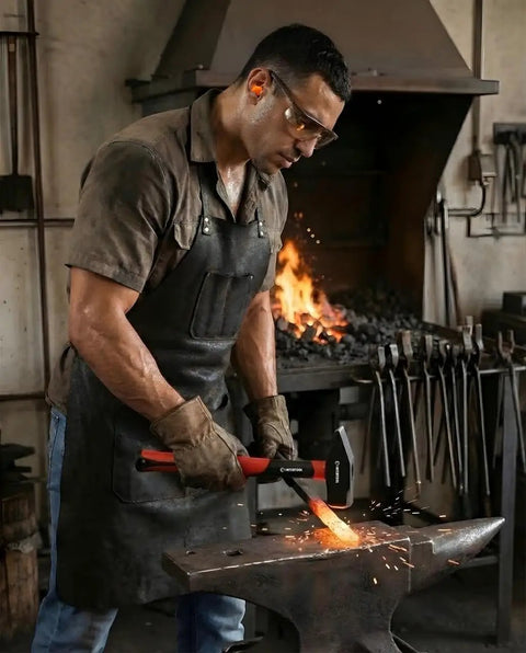 Blacksmith using 40 Oz Blacksmith Hammer For Metalworking And Welding With Shock Absorbing Anti Slip Fiberglass Handle And Forged Steel Head