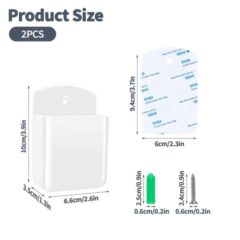 Two Pack Wall Mounted Remote Control Holder Set With Self Adhesive Backing And Screws, White Finish, product size dimensions