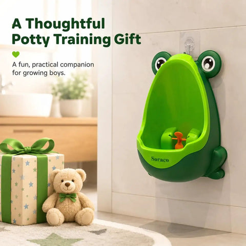 Cute Green Frog Potty Urinal For Toddlers Featuring Playful Aiming Target, wall-mounted, 12.2x8.7x6.7 inches, with removable insert.