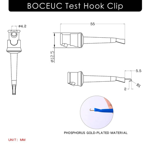 Technical diagram of Insulated Test Hook Clip Set For Multimeter Lead Kit Mini Grabber Probes, highlighting measurements and design.