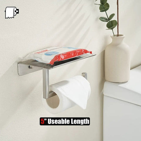 Toilet Paper Holder With Phone Shelf Fits Five Inch Rolls 304 Stainless Steel Brushed Finish Wall Mount Bathroom Organizer