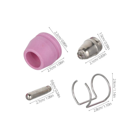 Top Tier Plasma Cutter Consumables Kit With Ag60 And Sg55 Nozzles Electrodes For Precise Metal Cutting Efficiency On Steel And Hard Metals In Your Shop. Pink nozzle and metal components for plasma cutting.
