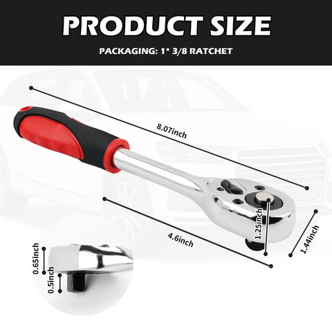 Eight Inch Dual Direction Ratchet Wrench With Three Eighths Drive Ideal For Filter Spark Plug Lug Nut Sockets Universal Quick Release Multi Purpose Car Repair Tool Durable Steel Construction For Easy Auto Home Shop Use, shown with measurements